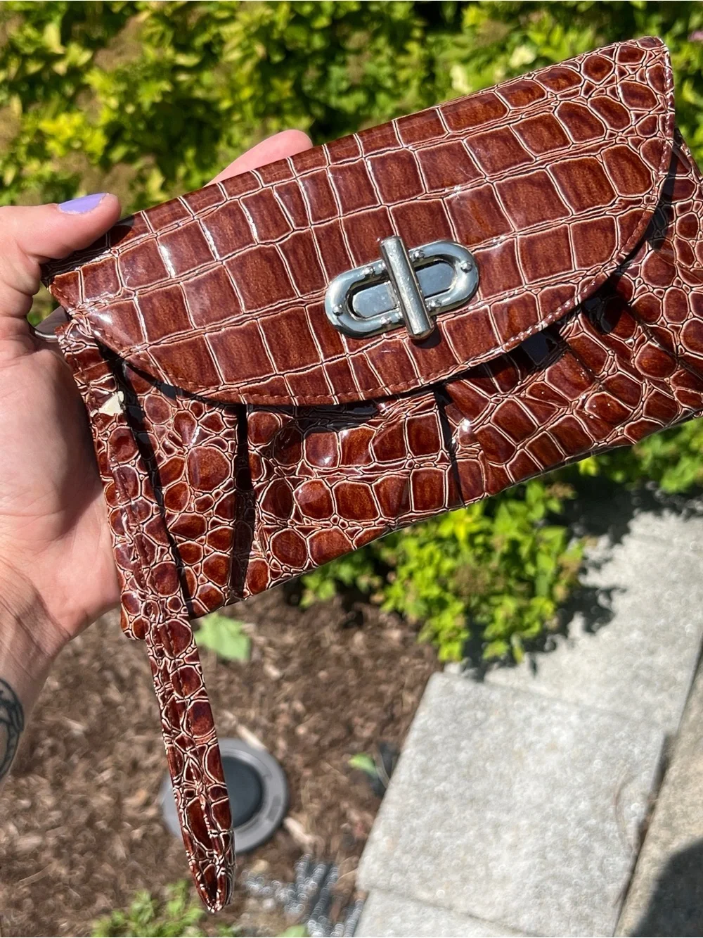 Vintage MSC Brown Faux Croc Wristlet Clutch Polka Dot Interior